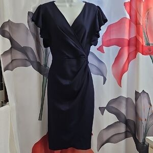 Chic Navy Wrap Dress with Ruffled Sleeves